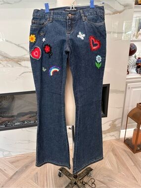 LONDONJEAN Dark Blue Embroidered Patch Flare Jeans Vintage